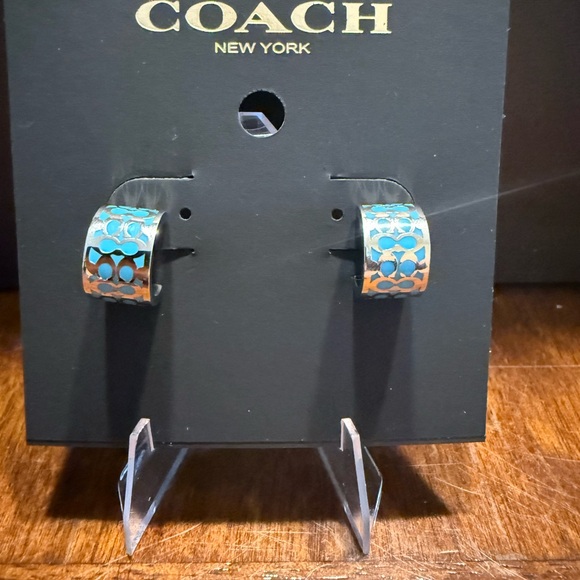 Coach Signature Enamel Huggie Earrings in Silver/Bright Blue style number C7770
